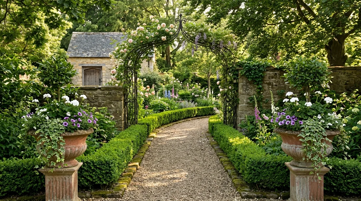 Boxwood-Lined Garden Pathway